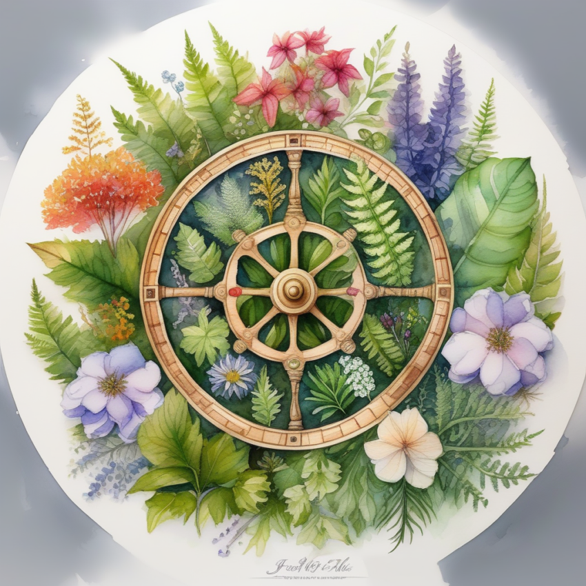 wheel of the year tree of life four seasons around fern herbs flowers magical watercolor paint9